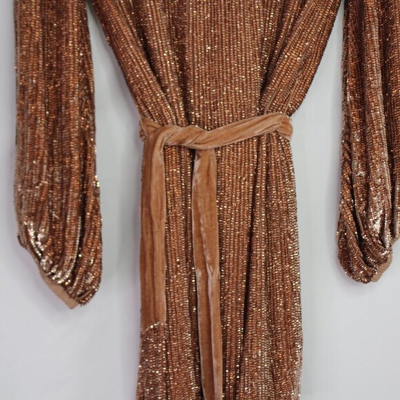 Retrofete Grace Sequin Long Sleeve Mini Dress with Velvet Tie Belt Bronze SizeXS - Picture 7 of 14